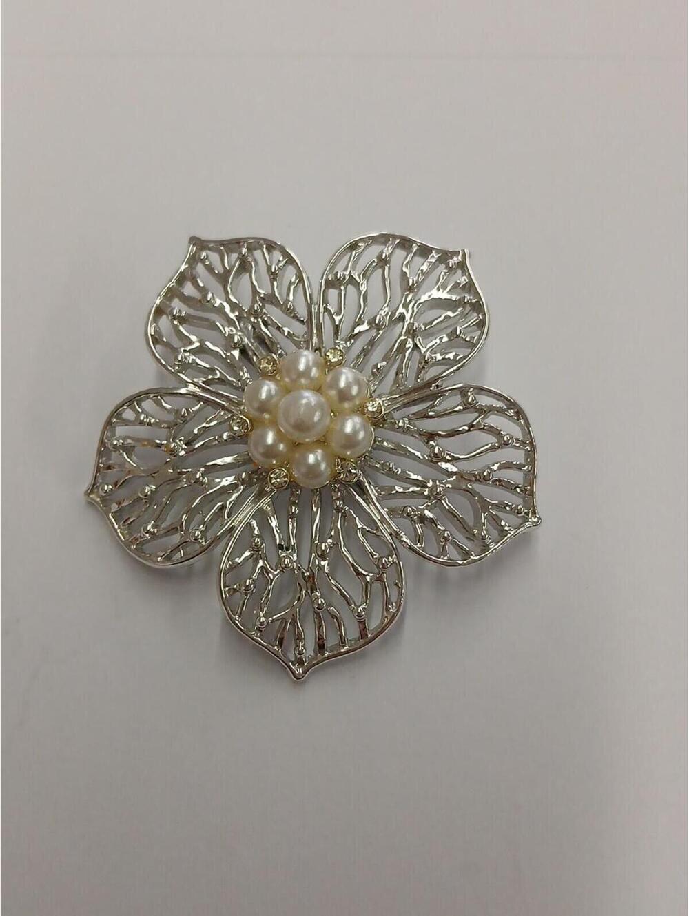 Silver Tone Flower Brooch with Faux Pearl Center